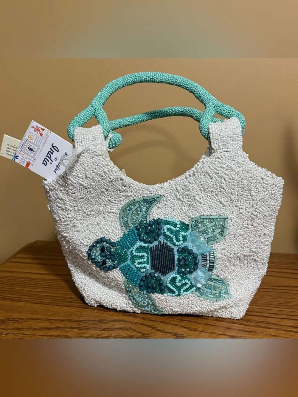 Beaded Sea Turtle Mini Bag in White and Aqua